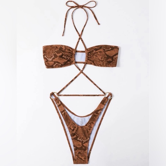 Brown Snakeskin Animal Print Strappy Thong Bikini Swimsuit One Piece S Small - Picture 2 of 3
